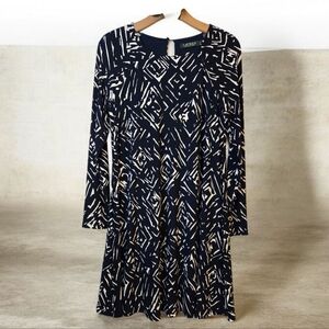Lauren Ralph Lauren Navy & White Classy Dress Long Sleeve Geometric Print Size 6